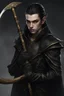 Placeholder: a young elven warrior, with golden eyes, long black braid, dressed in black leather, carrying a gigantic scythe