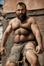 Placeholder: close up photography of an ugly 4w year old stocky robust burly giantmarocan, wearing ripped work shorts, shirtless, leaning with his back on the wall, crossing arms, dirty, ajar mouth, hairy chest, , very virile, short beard, shaved hair,, , in a sunny street, photorealistic , frontal view from the ground, view angle from bottom