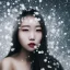 Placeholder: wonderfull korean woman, curves, cyborg, platinum long hair, hair covering one eye, ultradetailed fine art photo of a korean , weet face portrait, snow flakes particles, 35 mm