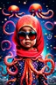 Placeholder: Little girl hijab indonesia clothing an octopus, red hair, octopus on head, long tall, falling comets, reflective sunglasses, heavy rain, outer space, shooting stars, dramatic light, laser beams, space war, battlefield face made of dots, pointillism, dotted multicolored shapes, symmetrical, digital art, hologram, virtual reality, digitized structure, ultra detailed, 3d render, trending on, by addiedigi