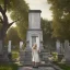 Placeholder: a couple walking in Père Lachaise cimetery in Paris, the woman has blonde hair and is wearing a white dress and is pointing something in the background, hyper-realistic style, cinematography, 4K