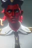 Placeholder: A red tiefling wearing a police comisioner outfit smoking a cig.