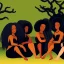 Placeholder: Octane rendered. .a group of women.five young black women sitting around a fire. Black Sisters. Sitting and Standing together. 4k Painting. Detailed. Fine details. the faces of 5 young black women. Young women sitting wood nymphs emerging from the forest. THeir hair looks like vines. Dreadlocs. Their skin is the colour of dark soil. their skin looks like tree bark. Their clothing is made of vines, grass and leaves.