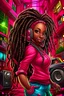 Placeholder: Create a digital airbrush cartoon of a curvy African American female wearing a hot pink jean outfit with timberland boots. Prominent make up with hazel eyes. She is wearing large diamond hoop earrings. Extremely highly detailed very long dread locs hair that shines. Background of a night club.