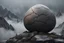 Placeholder: a giant egg with the texture of stone is cracked on top of the misty mountain peak. cinematic lighting, artstation, grim mood, looking up camera angle