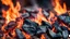 Placeholder: coals on the fire, intense color and flames, close-up, blurred background