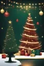 Placeholder: christmas card for relatives, elegant colours, dark green and red and gold, christmas tree in the dark, animated style, full, string lights