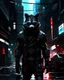 Placeholder: a cyberpunk racoon standing in a city street, black armour, with red highlights, grey cyberpunk city background
