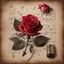 Placeholder: Hyper realistic red rose on a vintage paper with harmonica instrument & musical notes