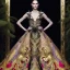 Placeholder: stunning extrem opulent haute couture gown designed by Marchesa inspired by fairies, realistic epic elegant fantasy color mix of black and gold and dark red,decorated with precious stones, detailed, high quality, intricate, fantasyland background,