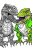 Placeholder: create a coloring page, white background Illustrate two young T-Rexes engaged in a roaring contest to establish dominance over their territory. Kids can color the T-Rexes with bold colors and fierce expressions. ink drawing clipart, simple line illustrations, colored