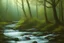 Placeholder: realistic oil painting style, forest, creek, bushes, small wooden bridge