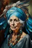 Placeholder: Painted portrait of mature woman in turban, long hair and wings and loads of jewellery painted by brush in style of Tiffany's stainless lamps