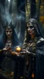 Placeholder: close up portrait of merciless medieval high priestess countess and her creepy sister in big eyed trance, metal gauntlets holding fire ball portal, full moon, swirly mist,autumn wind, performing arcane invocation ritual of smoke demon with immense power on luminous stone altar in dark forest grove, shot on Hasselblad h6d-400c, zeiss prime lens, bokeh like f/0.8, tilt-shift lens 8k, high detail, smooth render, down-light, unreal engine, prize winning