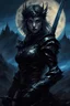 Placeholder: A formidable warrior girl in black armor a shiny sword, against the background of a gloomy castle and scary mountains illuminated by a blue moon, a fabulous scary hero, juicy emotions, painting, gloomy fantasy, dark world,, without a background, oil and graphite, wide strokes, a weaving frame around, by Ryohei Hase, Agnes Cecile, Raymond Swanland, Anne Bachelier