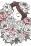 Placeholder: big beautiful bouquet of peonies all around her face, her eyes are closed and dreaming peacefully, only her face shows, her face fully covered by the bouquet of peonies, use black outline with a white background, clear outline, no shadows