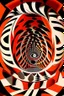 Placeholder: Voice bouncing around in a circular house of mirrors; Optical Art; M.C. Escher, black, white, and orange-red