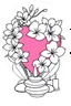 Placeholder: outline art for visually rich appealing heart in orchids plumeria rounded stones candles, ikebana style, coloring page for kids, white background, fit to page, only use outline, clean line art, no shadows, clear and well outlined