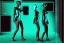 Placeholder: Reflective dark green to cyan metal surfaces body paint. full coverage. Girls with slim body and big butts. Behind curtains. Old-fashioned cameras integrated to heads. structure Cyber-punk. Attached telephones. Dystopia, closed eyes. Red&blue 3D-tiling. Dystopia. Partly symmetrical in relation to machines. Perfect golden ratio in vertical and horizontal directions. Bending time-space-continuum. Polyhedron in 5th dimension. Tessellation in 4-dimensional space. Perspective Integers.