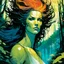 Placeholder: create a wildly conceptual closeup full body print illustration of a feral female mage with highly detailed hair and feminine facial features, in an ethereal, otherworldly ,ancient summer forest , in the comic book art style of Bill Sienkiewicz, Mike Mignola, Sparth, and Jean Giraud Moebius, finely drawn, colored, and inked, suffused with dramatic natural light and shadow of sunset