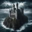 Placeholder: Hyper Realistic Aerial View of a huge haunted abandoned gothic castle between a sea & sea-storm with white-ghosts-flying on it & cloudy sky at heavy-rainy-night with mountains far showing dramatic & cinematic ambiance