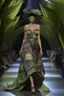 Placeholder: Model in runway wich dress with orchids, palm and olives trees with tulle printed in 3D