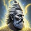 Placeholder: symetrical, centered, ultra detailed, digital art, in center is a portrait of highly detailed greek colossus god zeus surrounded by quantum galaxy codes seeking knowledge, gray hair and beard, detailed face with human skin color, eyes filled with galaxy, dominating colors = gray light blue and dark gold, lightning, smoke,