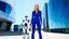 Placeholder: A full-body photograph of a young, slender, blond woman in a blue one-piece suit, standing in front of futuristic buildings. A robot standing beside her. Bright, sunny day.