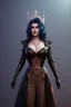 Placeholder: Amy Dumas as evil queen in black leather gown, evil, busty, cleavage, curvy, angry, stern look. character design by cory loftis, fenghua zhong, ryohei hase, ismail inceoglu and ruan jia. unreal engine 5, artistic lighting, highly detailed, photorealistic, fantasy