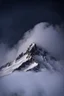 Placeholder: looking up at one single mountain sharp snowy face rises out of the mist into the night sky.