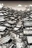 Placeholder: Japanese shanty town, greyscale, thin line arts, manga