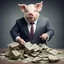 Placeholder: pig in suit making stacks of money by making a deal with a buisnessman