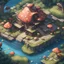 Placeholder: Amaya Lake Lodge which is the picture of opulent Dunmer luxury by the water and with large mushrooms in the yard, in isometric anime art style