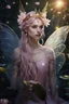 Placeholder: Pink dress,Sparkling fairy wings,Very long golden hair,Fairy crown,pointed ears,elven ears,fairy wings,water lilies,sparkling,glittering,flowers,blossoms,golden crown,light pink dress