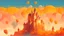 Placeholder: a painting of a castle surrounded by orange and yellow balloons, a detailed matte painting by James Gilleard, deviantart contest winner, fantasy art, concept art, 2d game art, matte painting