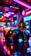 Placeholder: fast fashion wolf and dragster woman sitting on a hipster car parked in dark neon lit reflective wet arcade hall tunnel,bokeh like f/0.8, tilt-shift lens 8k, high detail, smooth render, down-light, unreal engine, prize winning