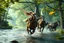 Placeholder: oil painting ,motion blur running caped long haired male angel pixie Quickling - Forgotten Realms dodging magical fire arrows above water and along winding branches in lush green forest holding armes around neck of speeding horses , bokeh like f/0.8, tilt-shift lens 8k, high detail, smooth render, down-light, unreal engine, prize winning