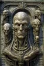 Placeholder: sculpture of one man and a snake , front view , Multiple faces . decayed and rotting with grotesque proportions and imagery. abstract grotesqueries, detailed texture, surreal horror, biomechanical design, by hr giger and beksinski