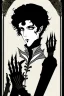 Placeholder: goth male necromancer with black hair and AI hands in the style of Aubrey Beardsley