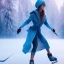 Placeholder: Woman skating on ice, blue, forest, snow, beautiful, mountain, masterpiece, expert, 8K, hyperrealism, sharp focus, cinematic lighting