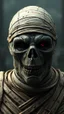 Placeholder: Busch painting style nightmare, a front view of the mummy by his face skin is a rusted broken metallic skin texture in a 3d rendering full-height image of a grim and dark scene. Ensure the final images exhibit the utmost quality, encompassing 4K, 8K, and 64K resolutions, with 3D rendering that manifests in photorealistic, hyperrealistic, and highly detailed representations. Employ techniques such as HDR, UHD,