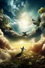 Placeholder: Generate a surrealistic landscape with Gods arm reaching down from a cloud surrounded by the sun and angels floating towards earth
