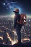 Placeholder: Supernova overlooking a city in the Milky Way galaxy with a person wearing a hat and a backpack with the Shift logo on it