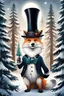 Placeholder: Cute fantasy white Christmas fox wearing a top hat; big pine trees all around; in the style of Brian Fround