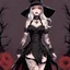 Placeholder: [illustration for wii No More Heroes style with thick lines] The Dark Lord's Granddaughter is a witch with her bloody fangs, covered by tattoos and lace agent provocateur dress ; she stands poised on hands and knees