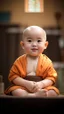 Placeholder: A 3-year-old monk boy with round cheeks, sitting, looking at the camera, monk costume, cute and cute, masterpiece, high quality, highly detailed.