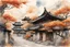 Placeholder: Streets of Ancient Chinese Town, Art Nouveau House, Trees, Clouds, Autumn, Watercolor, Calligraphic Lines, Pen Drawings, Black Ink, Intricate Details, Color