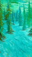 Placeholder: A cyan snowfield with evergreen trees painted by Vincent van Gogh