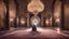 Placeholder: Hyper Realistic man praying in sajda inside a beautifully crafted mosque with fancy walls & pillars, chandeliers & beautiful carpet at night