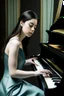 Placeholder: Portrait of dark haired young woman wearing a pale blue silk dress playing a glossy black piano